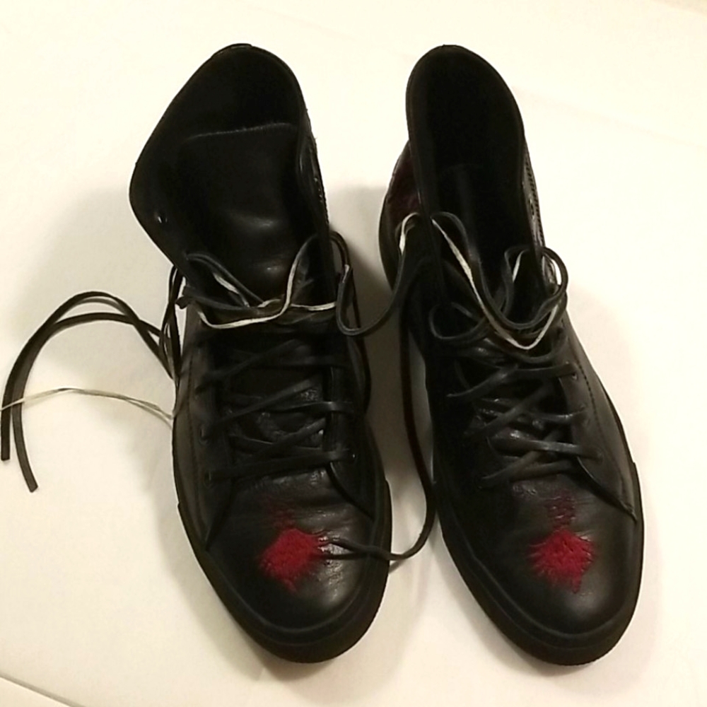 Gucci Vintage Black Leather Ankle Boots Made in Italy W Red Embroidery Size 6.5 - Picture 10 of 16